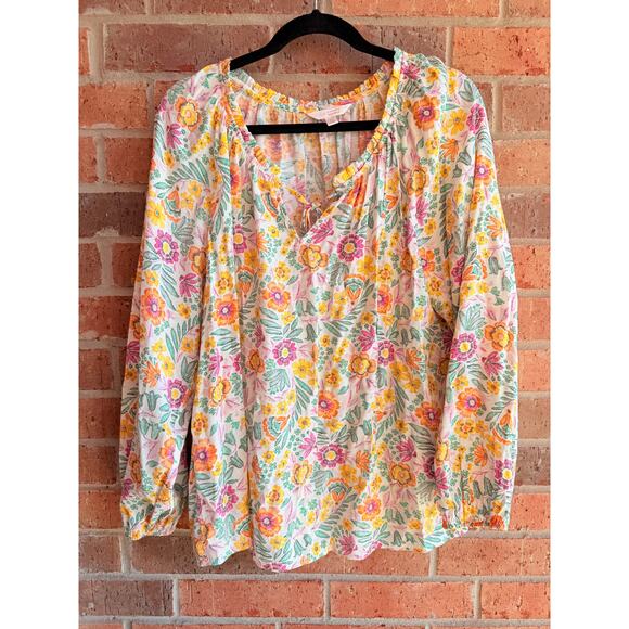 LC Lauren Conrad Women's Multicolor Floral Split V-Neck Long Sleeve Blouse Sz XL - Picture 1 of 3